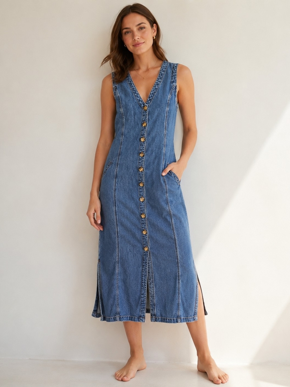 Anthropologie Cloth & Stone Denim Button Front Midi Maxi Dress M Lyocell